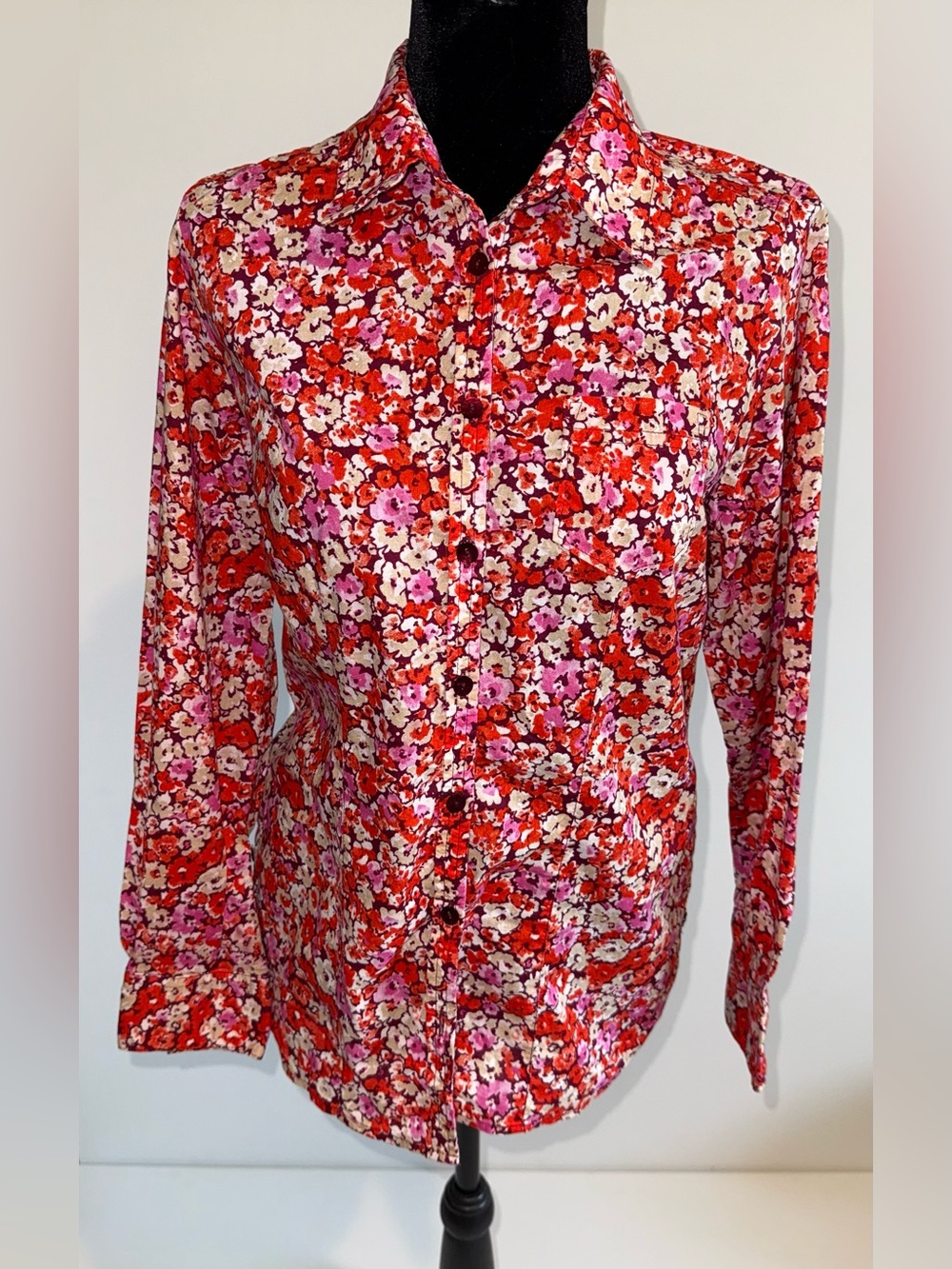 Ferrioni Women's Small Floral  Shirt 100% Cotton Red Pink Long Sleeve